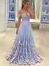 A Line Off the Shoulder Blue Tulle Prom Dress with Appliques LBQ0296